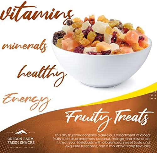 Oregon Farm Fresh Snacks dried fruit mix with cranberries, coconut, and mango in a 24 oz bag, colorful dried fruit pieces.