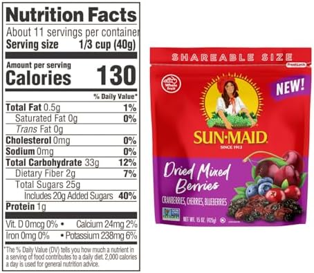 Sun-Maid dried fruit bundle with California sun-dried raisins and mixed berries in resealable bags, including cranberries, cherries, and blueberries.