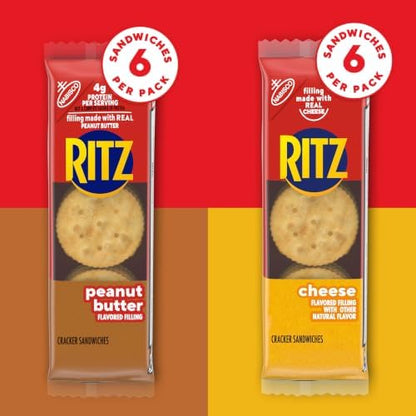 Ritz peanut butter and cheese sandwich crackers variety pack with 20 individual snack packs, showing crackers with peanut butter and cheese filling.