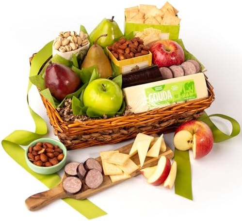 Gourmet gift basket by A Gift Inside with fresh fruit, nuts, meats, and cheeses, perfect for holidays, thank you, or get well gifts.