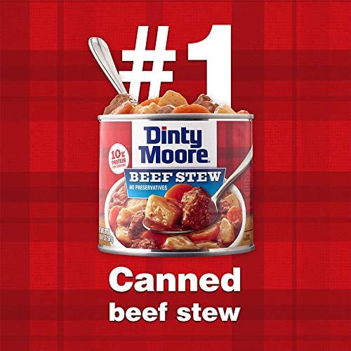 Canned Dinty Moore beef stew with potatoes and carrots, 15oz can, showing the hearty beef and vegetable mixture inside.