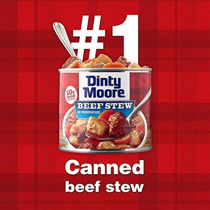 Canned Dinty Moore beef stew with potatoes and carrots, 15oz can, showing the hearty beef and vegetable mixture inside.