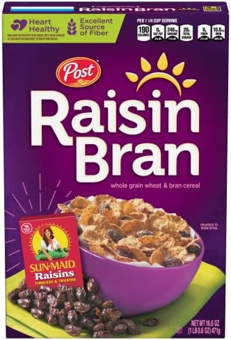 Post Raisin Bran cereal box featuring whole grain wheat, bran flakes, and raisins in a 16.6 oz box.