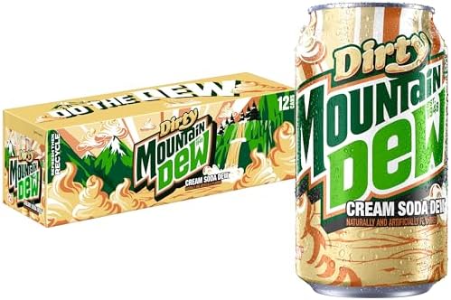 12-pack of Mountain Dew Dirty Dew soda cans, 12oz full sugar soft drinks, featuring the Mountain Dew branding and vibrant logo.