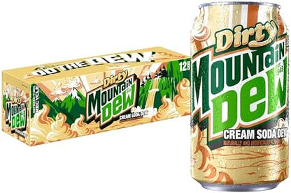 12-pack of Mountain Dew Dirty Dew soda cans, 12oz full sugar soft drinks, featuring the Mountain Dew branding and vibrant logo.