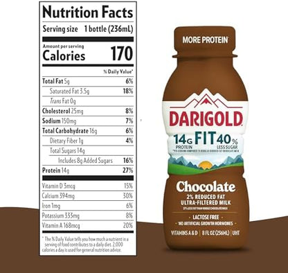 Darigold FIT lactose-free chocolate milk bottle, 8oz, with 14g protein and less sugar, in an 18-pack.