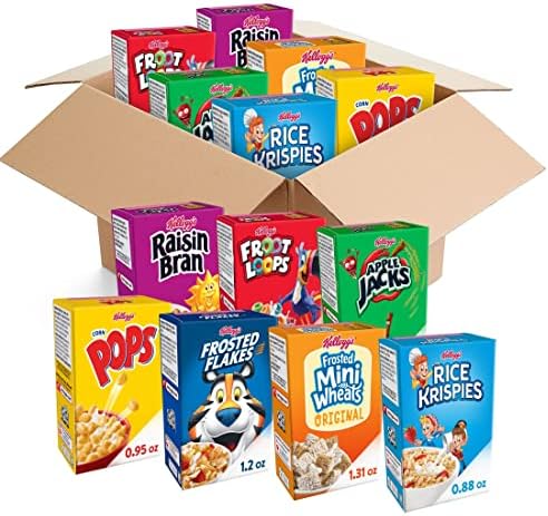 Assorted Kellogg's cold breakfast cereals in a bulk variety pack with 48 boxes, ideal for kids' snacks and pantry staples.