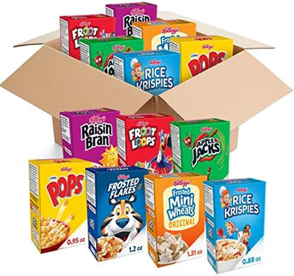 Assorted Kellogg's cold breakfast cereals in a bulk variety pack with 48 boxes, ideal for kids' snacks and pantry staples.
