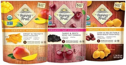 Assorted Sunny Fruit dried fruit snack packs in six 30-portion bags, featuring colorful dried fruit pieces in clear packaging.