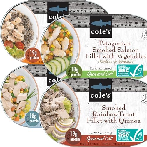 Cole’s Ready to Eat Meals variety pack with smoked salmon, trout, quinoa, and vegetables in five 5.6 oz cans.