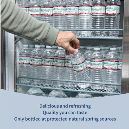 Crystal Geyser bottled spring water, 16.9 fl oz, pack of 35, clear plastic bottles with blue caps, labeled with natural spring imagery.