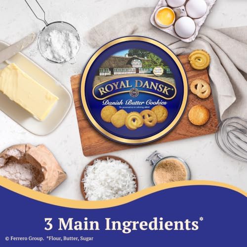 Royal Dansk Danish butter cookies in a 48 oz tin, assorted snack cookies made with real butter, golden and crispy appearance