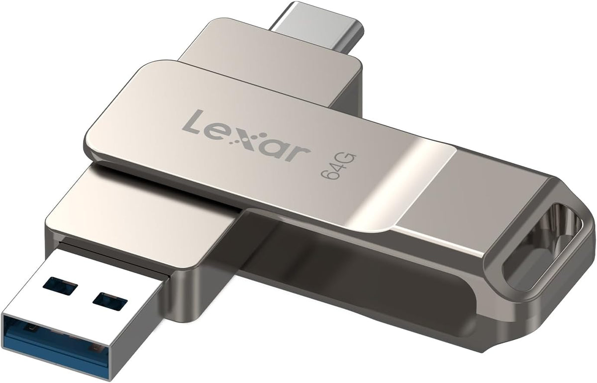 Lexar D40E 128GB Dual USB 3.2 Gen 1 Type-C flash drive in champagne silver, showing the sleek metal exterior and USB connectors.