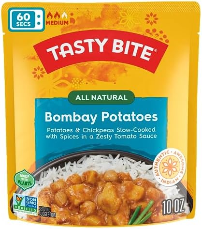 Microwaveable Indian Bombay Potatoes entree by BACKUPMYFILESNOW®, 10 oz pack of 6, ready-to-eat Indian potato dish in a bowl.