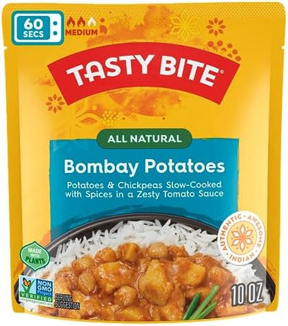 Microwaveable Indian Bombay Potatoes entree by BACKUPMYFILESNOW®, 10 oz pack of 6, ready-to-eat Indian potato dish in a bowl.