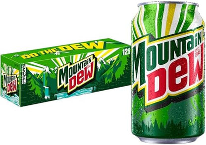 Six 12 oz cans of Mountain Dew soda soft drink arranged in a package, featuring the iconic green and yellow branding.