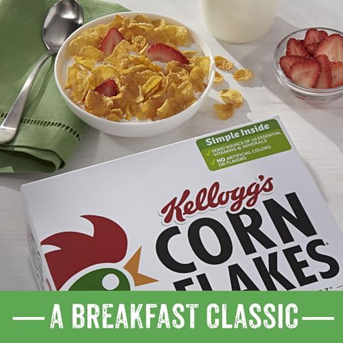 Kellogg's Corn Flakes Original breakfast cereal in a large 24 oz box, featuring a bowl of crispy corn flakes with milk.