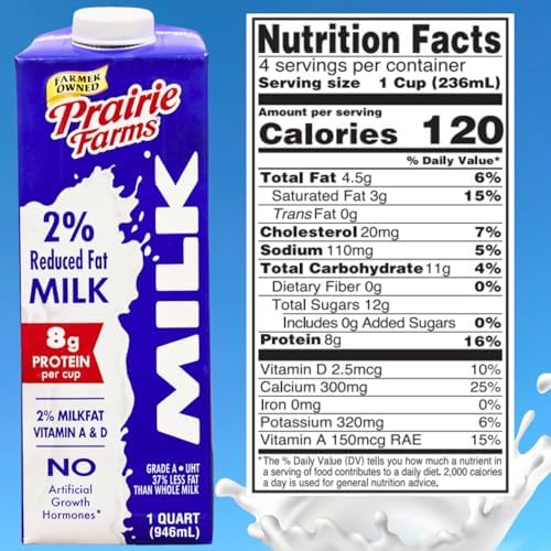 Prairie Farms 2% Shelf Stable Milk box with four cartons, vitamin D, preservative-free, gluten-free, and made in the USA.
