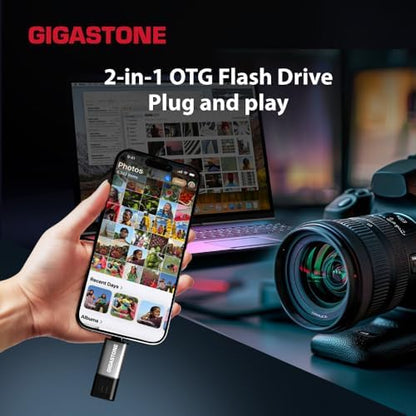 Gigastone 128GB Dual USB Flash Drive 2-Pack with USB C and USB A, fast data transfer, cap design, compatible with smartphones, PCs, Macs.