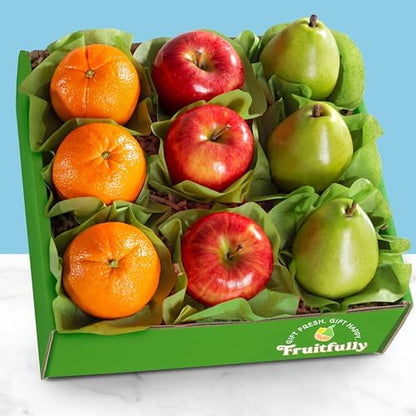 Deluxe fruit gift basket from A Gift Inside featuring fresh, colorful assorted fruits in a woven basket.