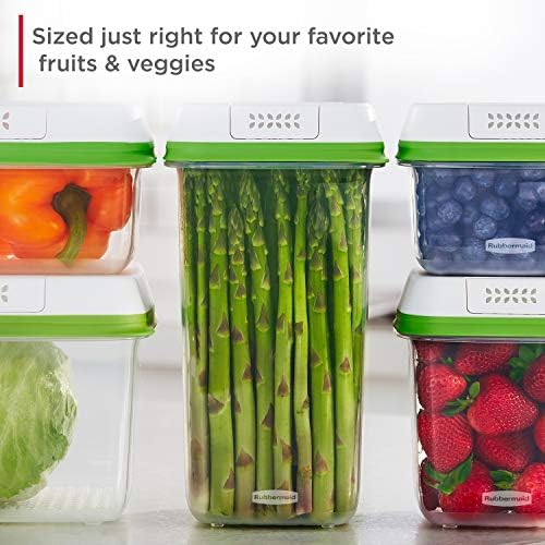 Rubbermaid FreshWorks large produce storage containers, 4-piece set, with transparent plastic lids and ventilation for fresh produce.