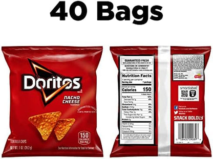 Doritos Nacho Cheese flavored tortilla chips in a 1-ounce bag, shown in a pack of 40, crispy snack chips with bold cheesy flavor.