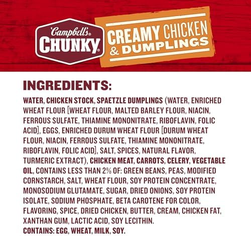 Campbell’s Chunky Creamy Chicken and Dumplings Soup can, 18.8 oz, with visible soup and chicken dumplings in a metal can.