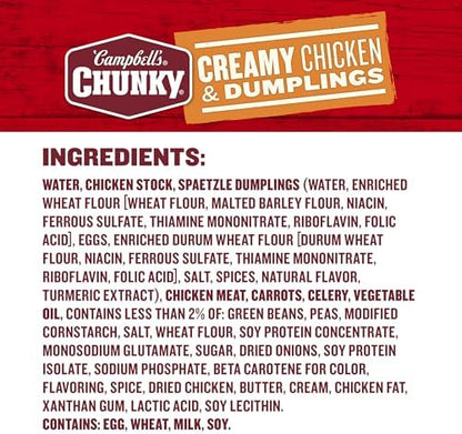 Campbell’s Chunky Creamy Chicken and Dumplings Soup can, 18.8 oz, with visible soup and chicken dumplings in a metal can.