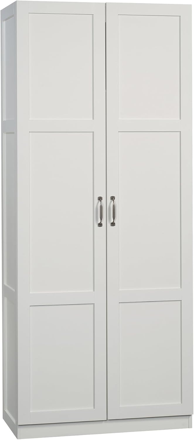 Sauder Select white storage cabinet with pantry shelves, ideal for snack chips and kitchen organization, in a clean, modern design.