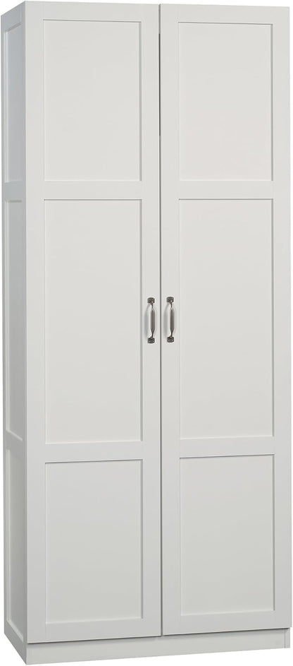 Sauder Select white storage cabinet with pantry shelves, ideal for snack chips and kitchen organization, in a clean, modern design.