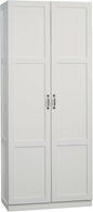 Sauder Select white storage cabinet with pantry shelves, ideal for snack chips and kitchen organization, in a clean, modern design.