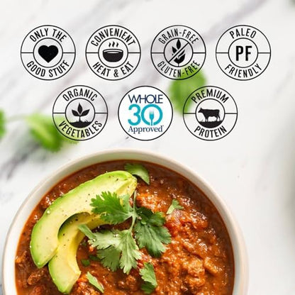 True Primal beef chili pack featuring gluten-free, paleo, Whole30, keto-friendly grass-fed beef chili in an 8-pack.