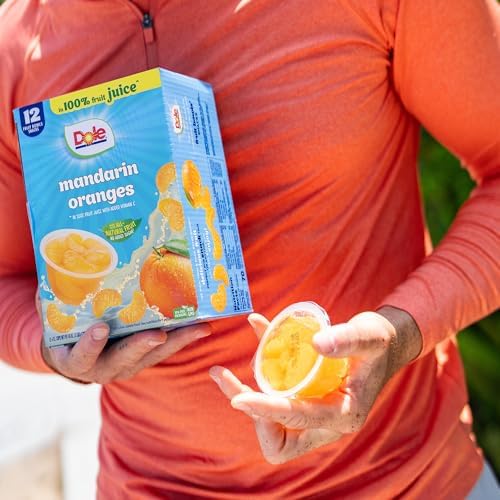 Canned Dole Mandarin Oranges in 4oz cups, showing bright orange segments in clear containers, 12-pack of fruit bowls.