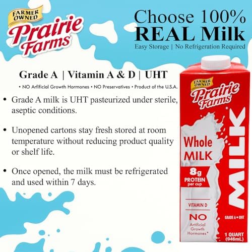Prairie Farms shelf stable whole milk box with four 1-quart cartons, ultra pasteurized, vitamin D, preservative and hormone free
