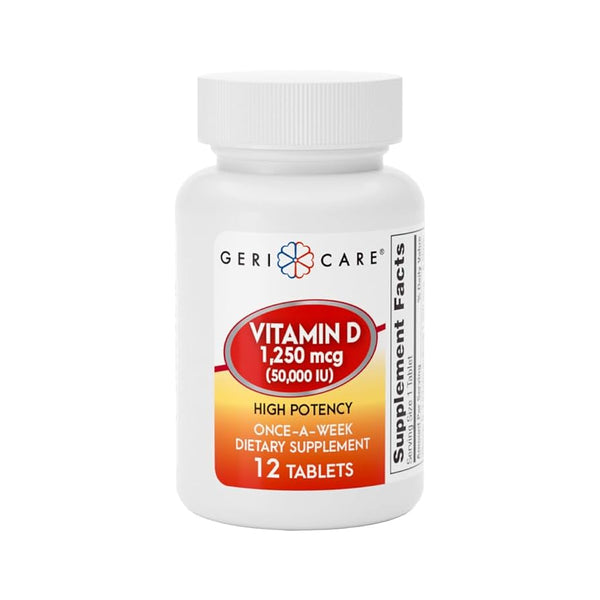 Gericare Vitamin D 50,000 IU weekly supplement in package of 12, supporting bone and immune health, by Pasteur Pharmacy.