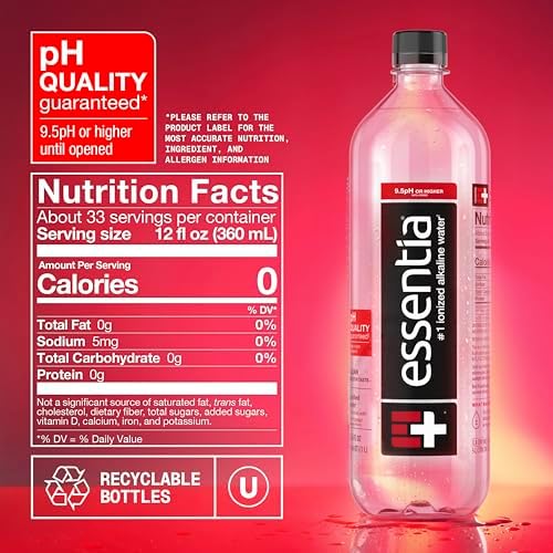 Essentia Ionized Alkaline Water 12-pack, 1L bottles, with 9.5+ pH and 99.9% purity, in clear plastic bottles.