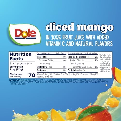 Dole diced mango fruit snack cups in 4 oz bowls, 24-pack, showing colorful mango pieces in clear containers