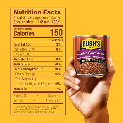 Canned Bush's Best Maple Cured Bacon Baked Beans in 16 oz can, pack of 12, with baked beans featuring bacon and maple flavor.