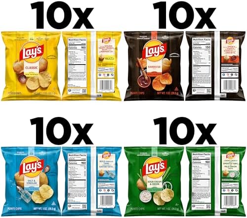 Assorted Lay's potato chips in 1 oz single-serve bags from the 4-flavor variety pack, 40-pack, featuring classic snack packaging.