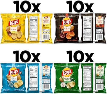 Assorted Lay's potato chips in 1 oz single-serve bags from the 4-flavor variety pack, 40-pack, featuring classic snack packaging.