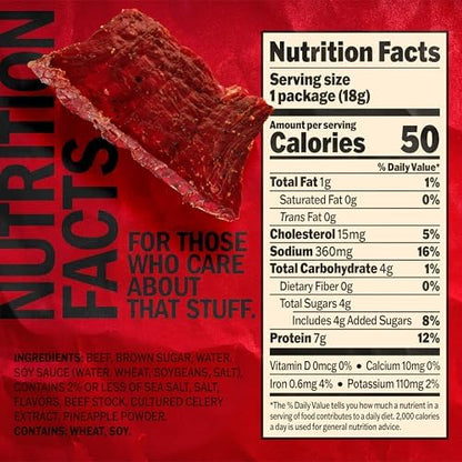 Jack Link's Teriyaki Beef Jerky Multipack with five 0.625 oz packs, showing individually wrapped beef jerky pieces.