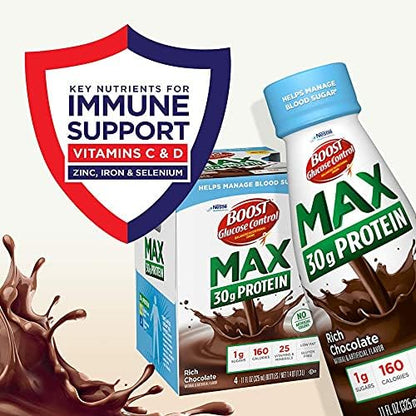 BOOST Glucose Control Max protein nutritional drinks in rich chocolate and vanilla flavors, 12-pack each, featuring 30g protein per serving.