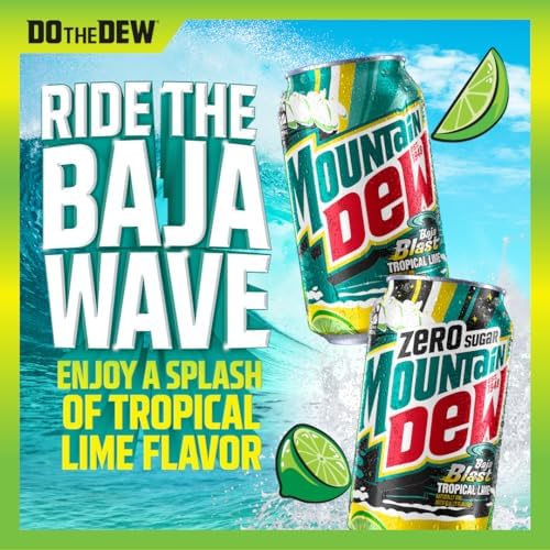 Pack of 12 Mountain Dew Baja Cabo Citrus Zero Sugar soda cans, 12 fl oz each, with vibrant citrus graphics on the cans.