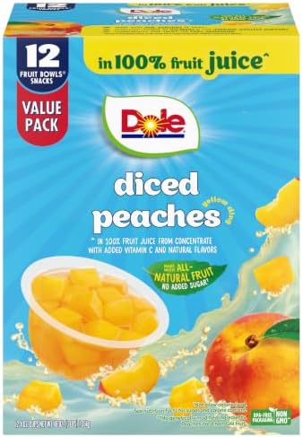 Dole Diced Peaches in 4 oz fruit snack cups, 12-pack, showing peeled diced peaches in clear cup