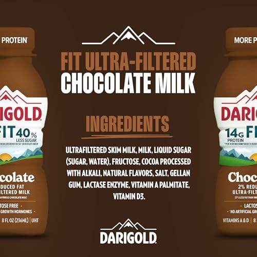 Darigold FIT lactose-free chocolate milk bottle with 14g protein, low fat, and reduced sugar, 8oz size, 18-pack.
