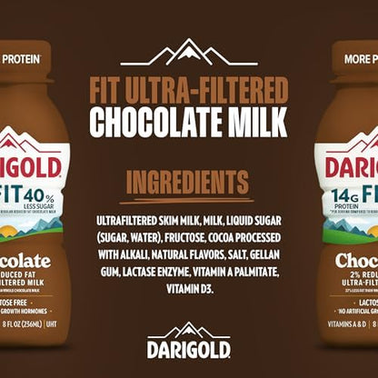 Darigold FIT lactose-free chocolate milk bottle with 14g protein, low fat, and reduced sugar, 8oz size, 18-pack.