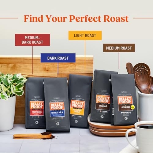 Bulletproof Original Medium Roast Ground Coffee in 12 oz packs, featuring three bags of rich, smooth brewed coffee for daily use.