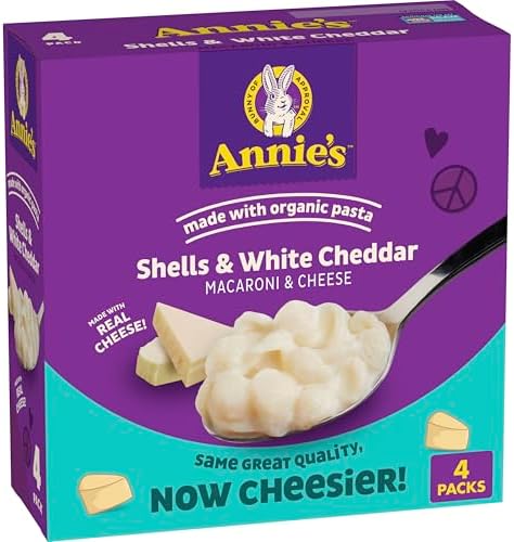 Annie's Shells & White Cheddar organic pasta and cheese pack, 4-count, 24 oz package of packaged mac and cheese.