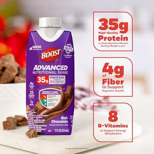 BOOST Advanced Nutritional Protein Shake in chocolate flavor, 12-11 fl oz cartons, showing the container with chocolate drink inside.