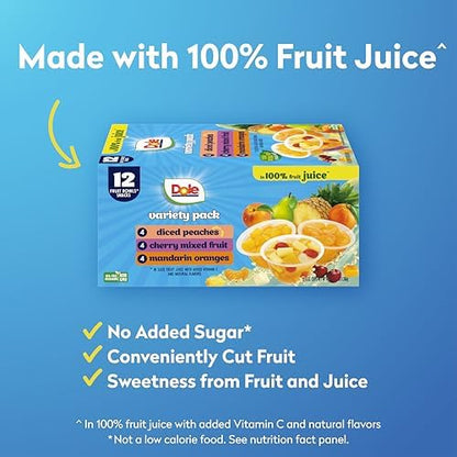 Dole fruit snack cups featuring diced peaches, mandarin oranges, and cherry mixed fruit in 4 oz servings, 12-pack.